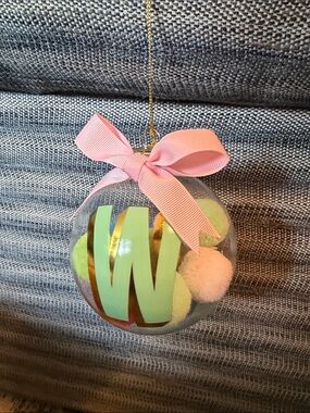 Clear Personalized W Ornament with Mint Monogram and Pink Bow